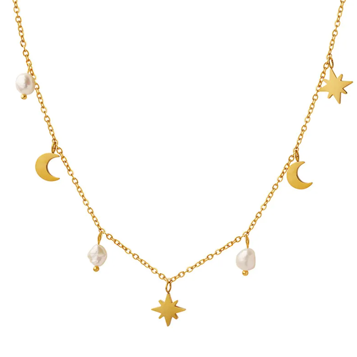 Women’s Star & Moon Tassel Necklace – Gold Titanium Steel Celestial Jewelry