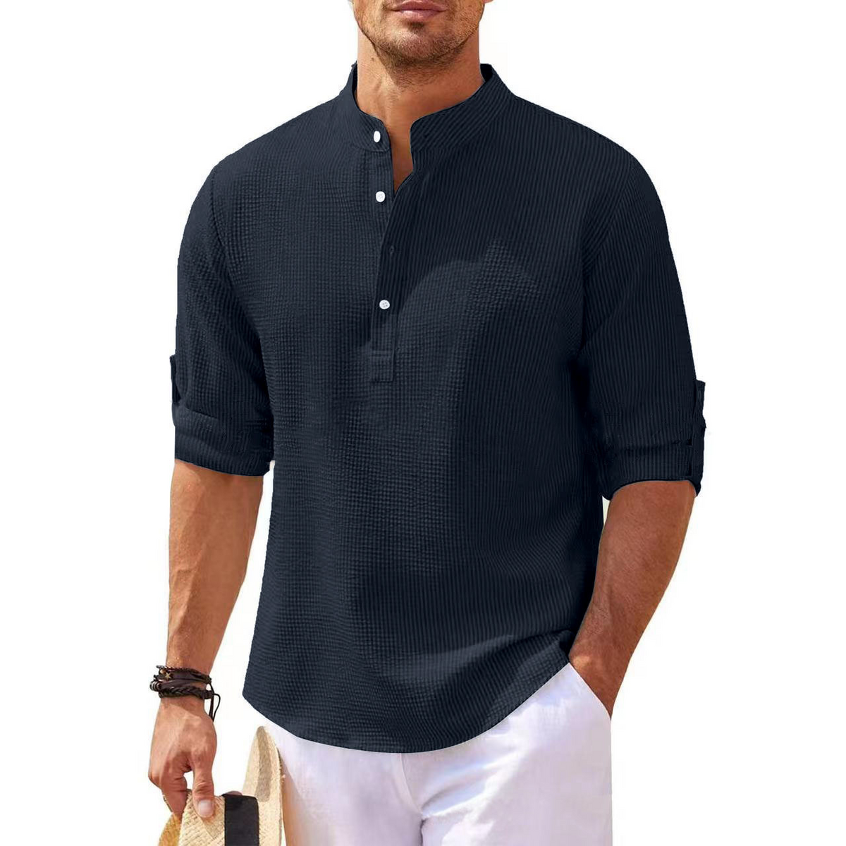 Men’s Pineapple Texture Stand Collar Shirt – Casual Short Sleeve Summer Button Shirt