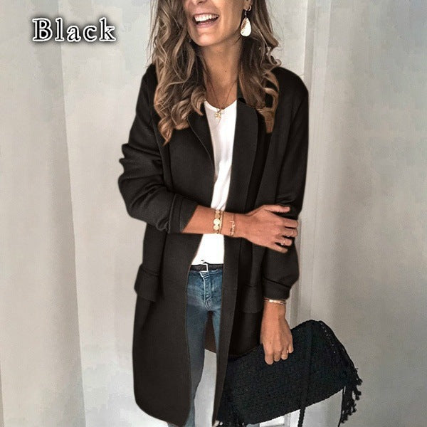 Women’s Casual Long-Sleeve Blazer – Solid Color Suit Collar Jacket with Faux Pockets, S–3XL