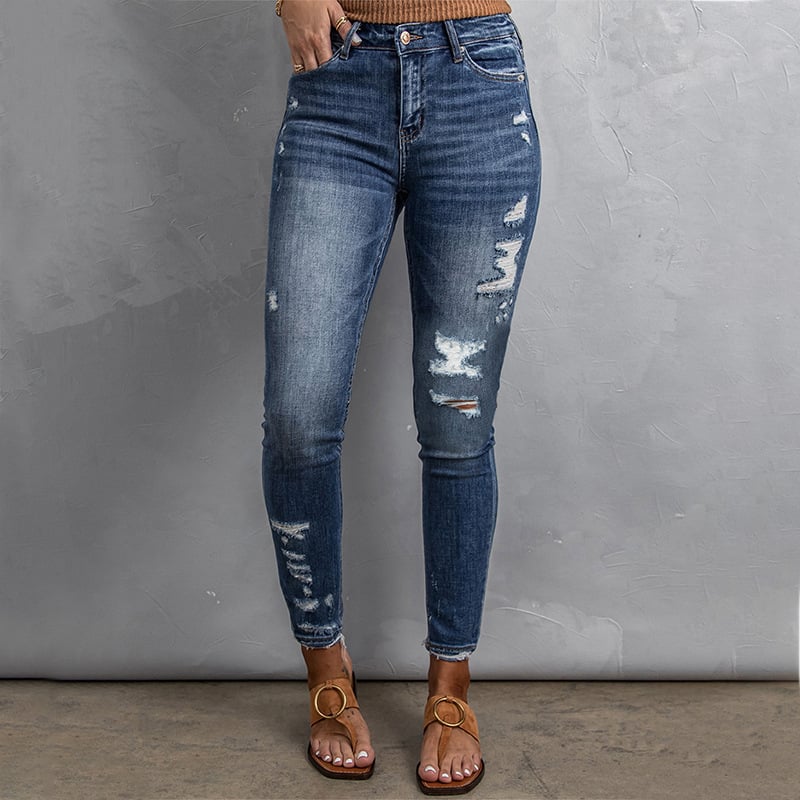 Women’s Fitted Frayed Washed Straight-Leg Jeans – Cotton-Rich Dark Blue Denim, S–3XL