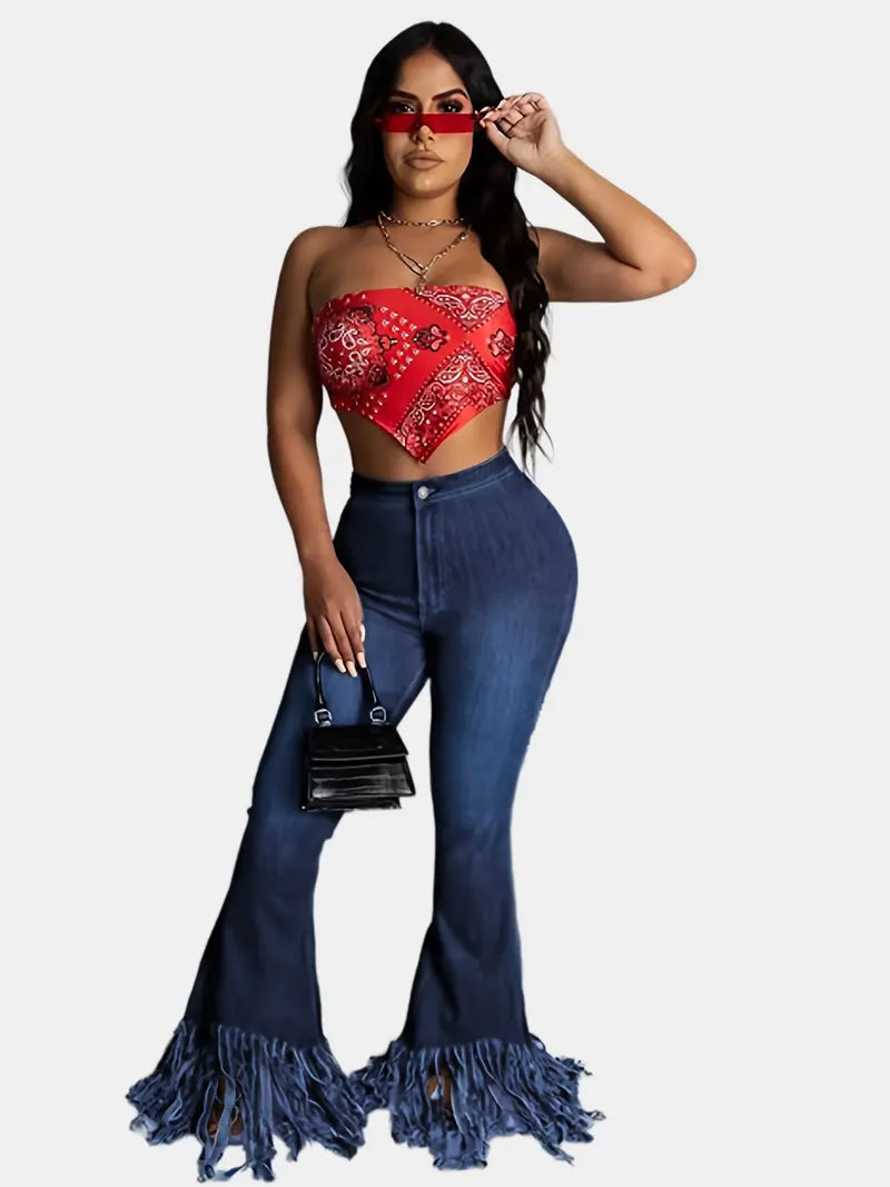 Women’s High-Waist Flared Denim Jeans – Slim-Fit Retro Bell-Bottom Jeans