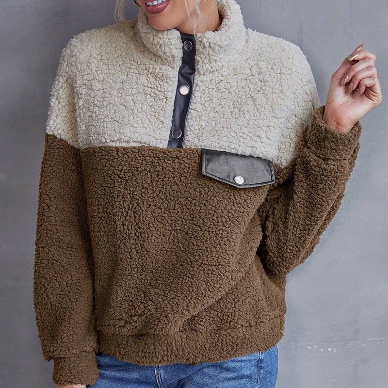 Women’s Color-Blocking Casual Plush Sweater – Loose-Fit Round Neck Long Sleeve Pullover, 4 Colors, S–XL