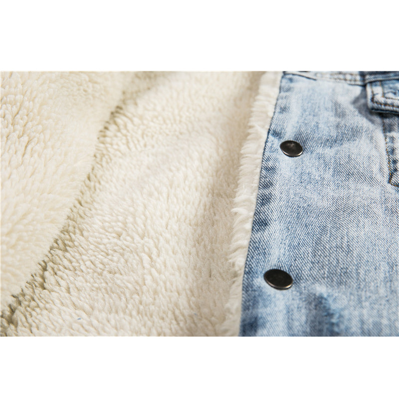 Men’s Distressed Lamb Wool Denim Jacket – Winter – USA