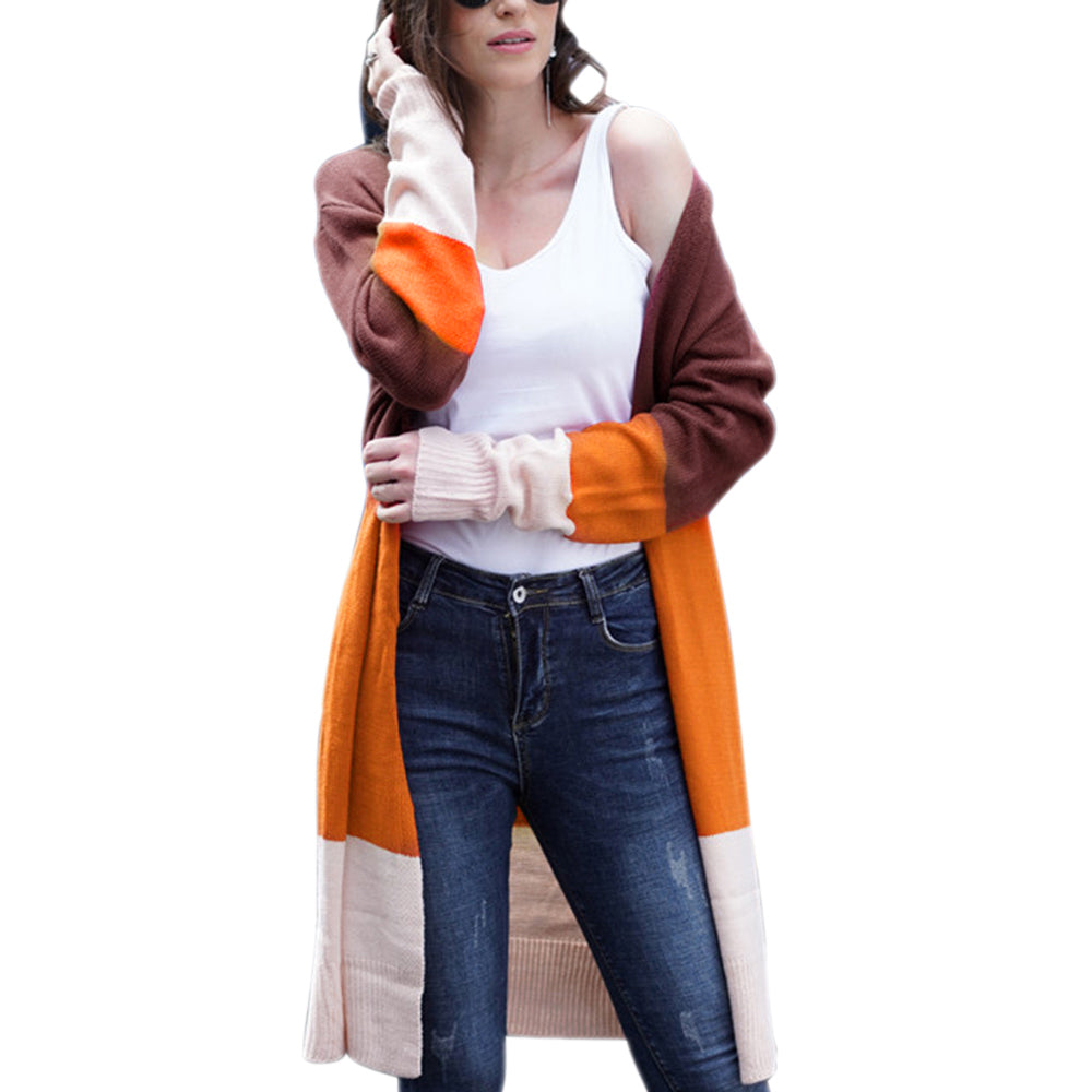 Women’s Striped Knit Long Cardigan Sweater – Cotton Half-Open Collar Casual Cardigan, 5 Colors, S–XL