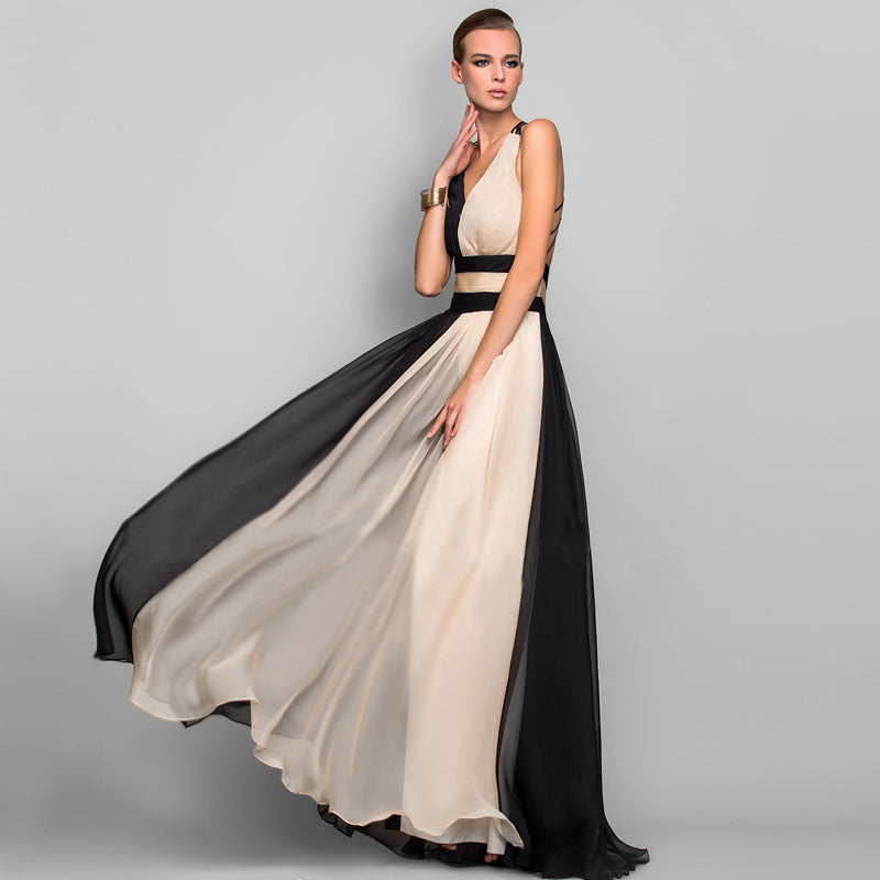 Women’s V-Neck Backless Maxi Dress – Elegant Color Block Evening Gown