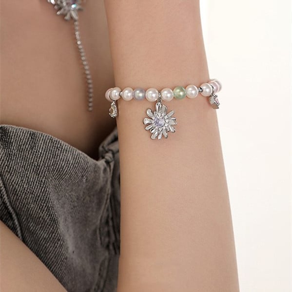 Women’s Colorful Pearl Flower Bracelet – Silver Zircon Floral Jewelry