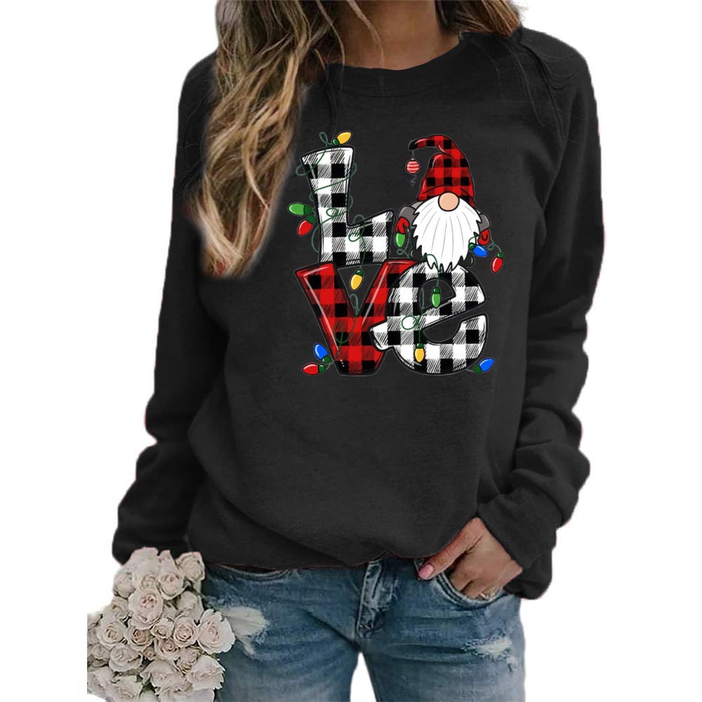 Women’s Santa Claus Plaid Love Print Sweater – Loose Round Neck Christmas Pullover, 9 Colors, S–3XL