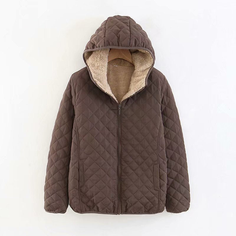 Women’s Plus Size Korean Plaid Fleece Jacket – Hooded Lamb Fleece Winter Coat, 10 Colors, S–3XL