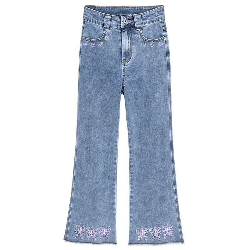 Women’s Butterfly Embroidered High-Waist Jeans – Water-Washed Light Blue Denim, S–XL