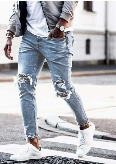 Men’s Ripped Hole Design Jeans – Trendy Distressed Denim Pants