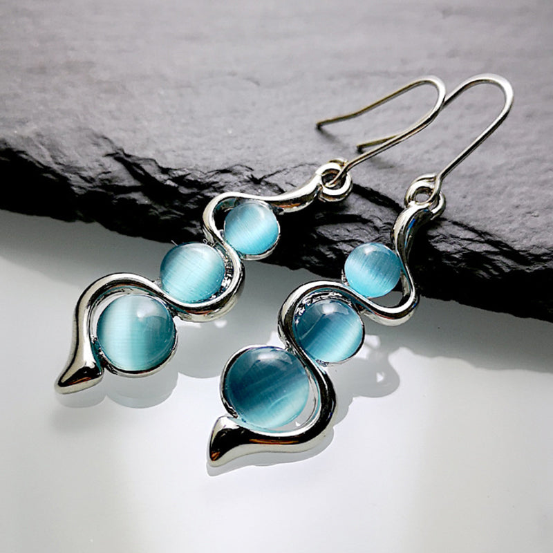 Bohemian Blue Wave Earrings with Sea Blue Cat’s Eye Gemstones