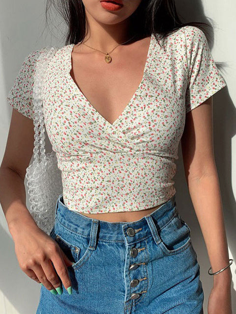 Vintage Bohemian Floral Print Cropped T-Shirt for Women