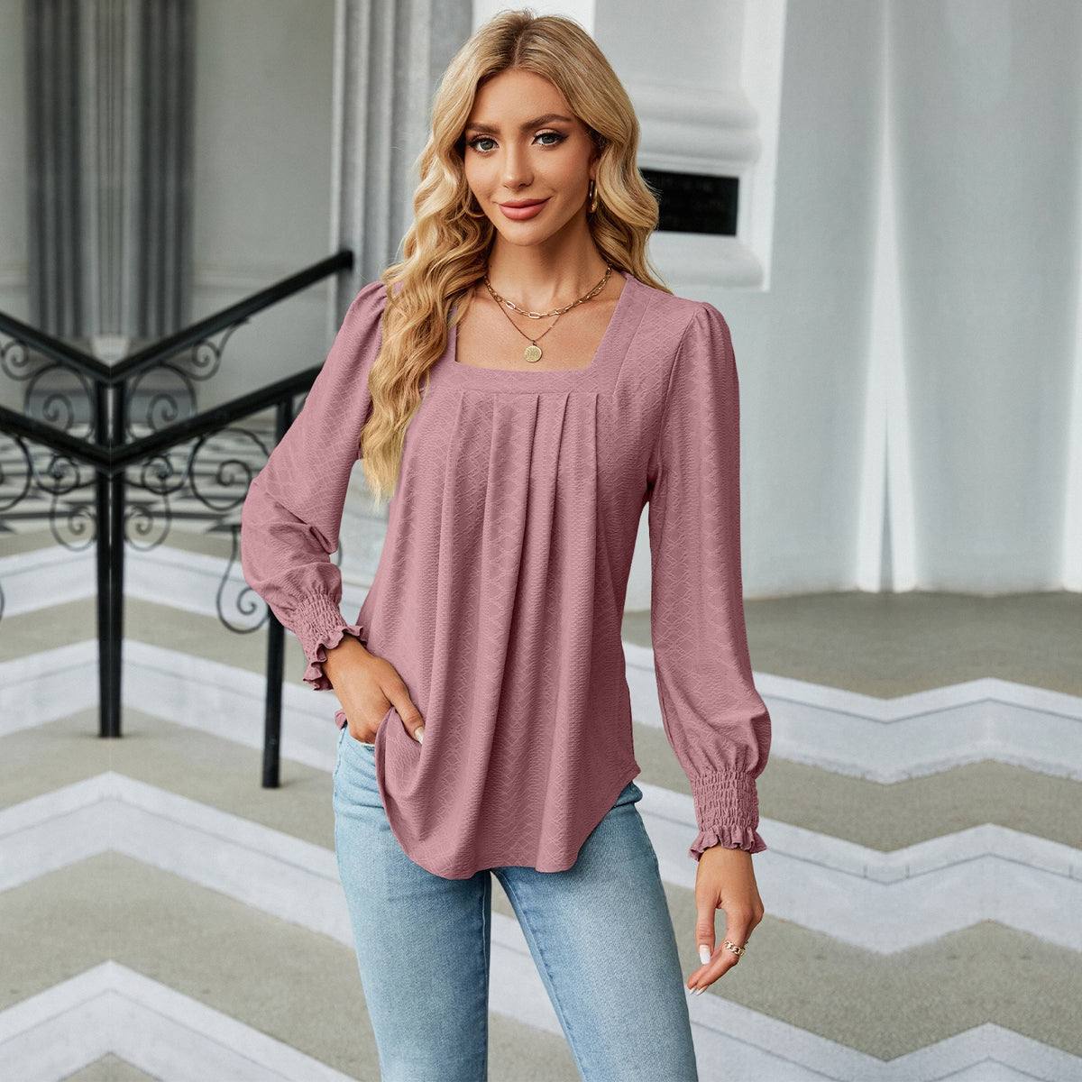 Jacquard Pleated Long-Sleeve Square Neck T-shirt for Women