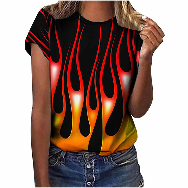 Women’s Colorful Flame 3D Print Oversized T-Shirt – Summer Streetwear Tee