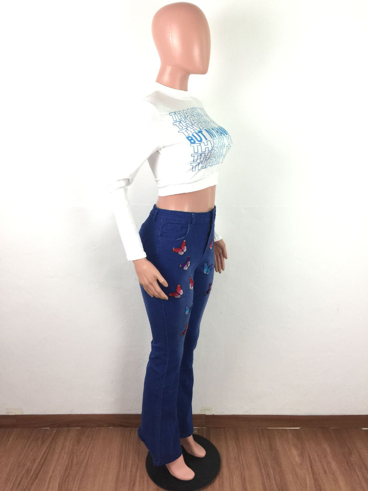 Women’s Embroidered Butterfly Rhinestone Flare Jeans – Blue Wide-Leg Statement Denim, S–3XL