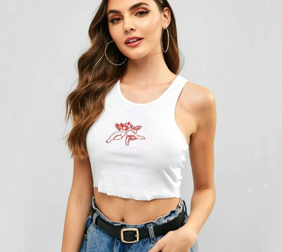 Women’s Embroidered U-Neck Crop Tank Top – Sleeveless Summer Top