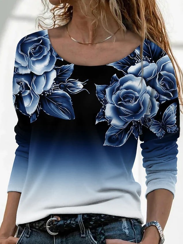 3D Printed Casual Long Sleeve Pullover T-Shirt for Women
