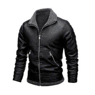 Men’s PU Leather Fleece Jacket – Loose-Fit Flip Collar Zip-Up Jacket, Black & Coffee, M–4XL