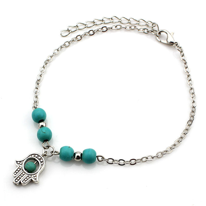 Handmade Beaded Pine Anklet with Cross Palm Tree Design