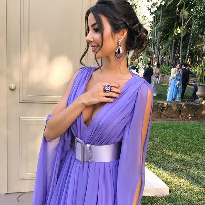 Women’s Deep V-Neck Chiffon Evening Gown – Elegant Long Formal Dress
