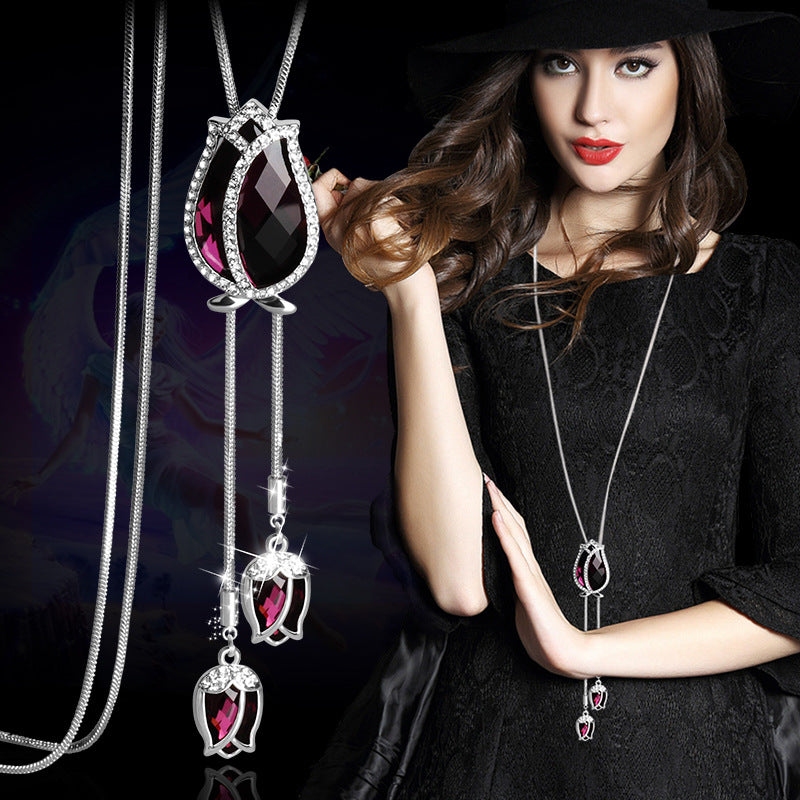 Women’s Tulip Crystal Sweater Chain Necklace – 98cm Long Alloy Pendant Necklace, Purple & Blue