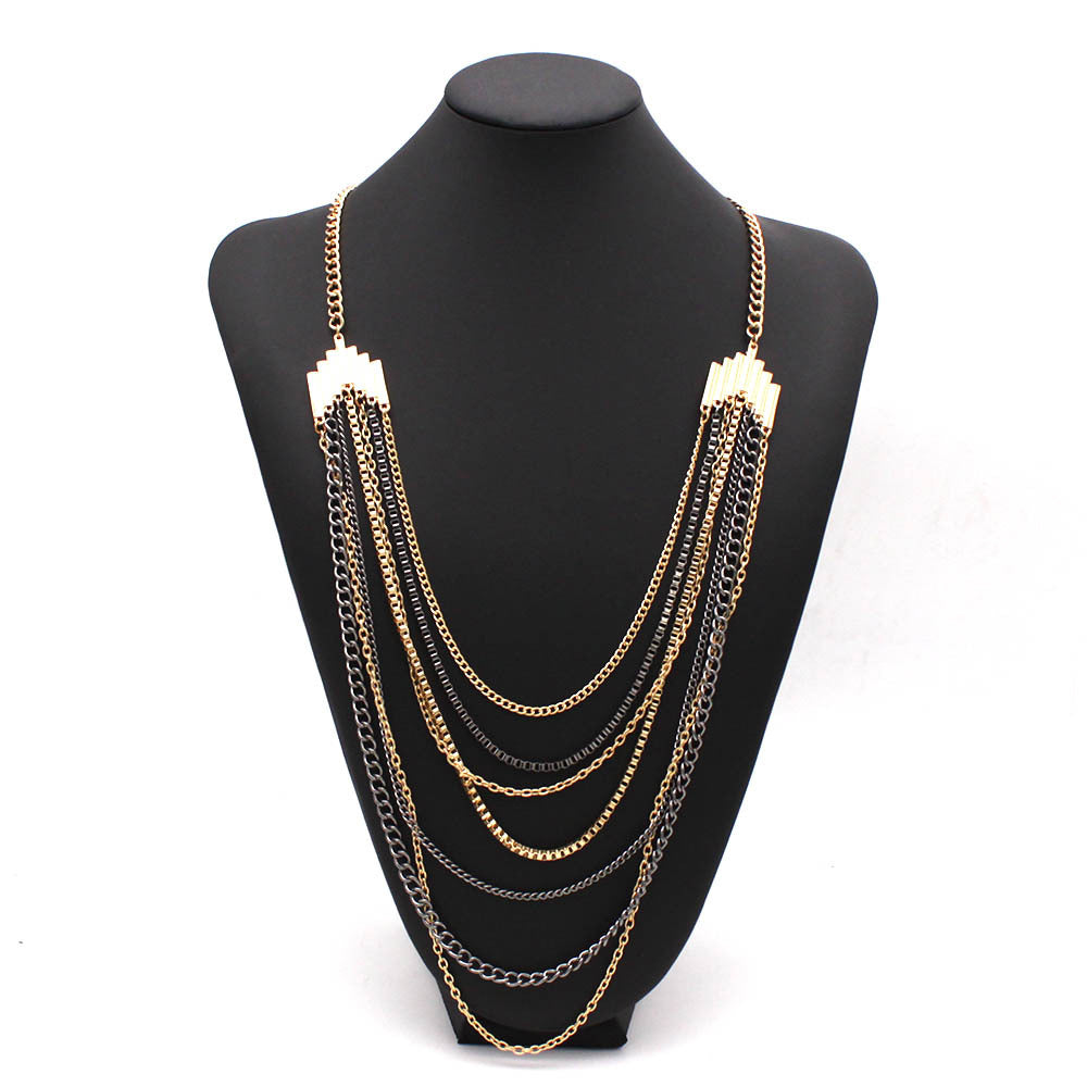 Women’s Multi-Layer Geometric Sweater Chain Necklace – Elegant Alloy Long Statement Jewelry