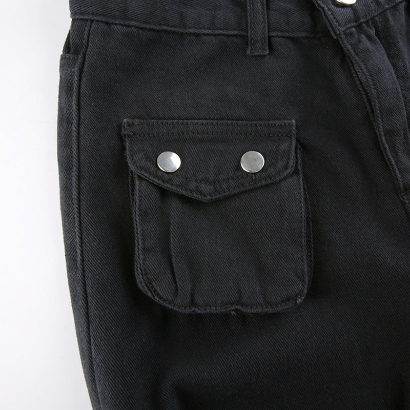 Women’s Black High-Waist Cargo Jeans – Multi-Pocket Straight-Leg Denim with Metal Buckle Belt, S–XL