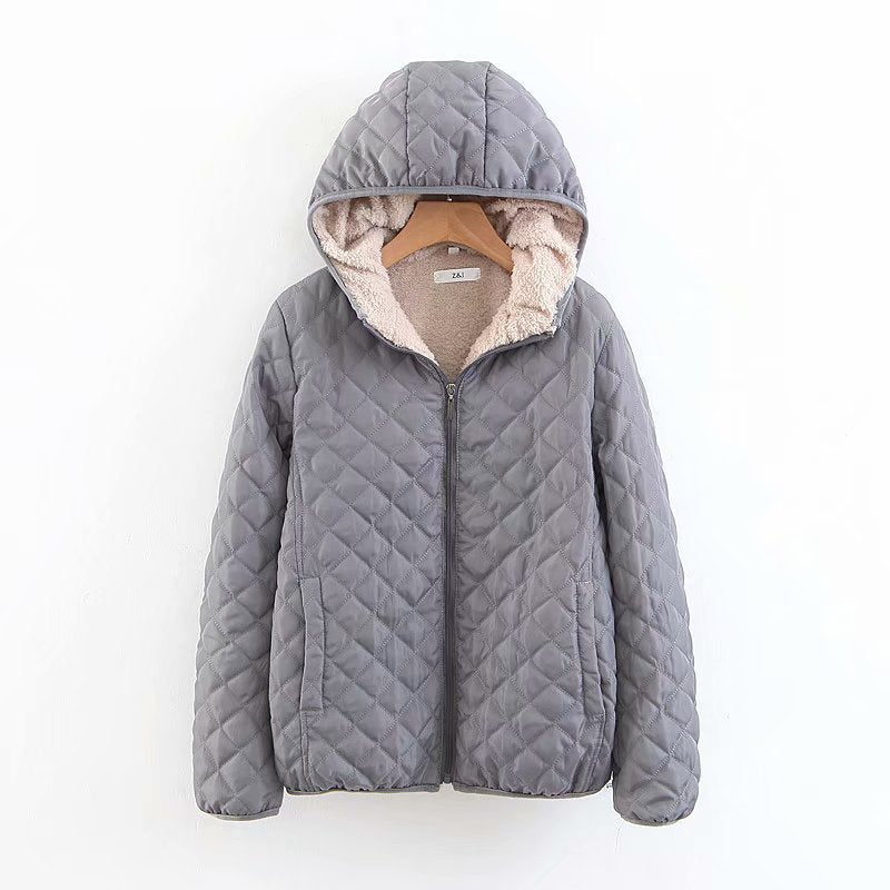 Women’s Plus Size Korean Plaid Fleece Jacket – Hooded Lamb Fleece Winter Coat, 10 Colors, S–3XL