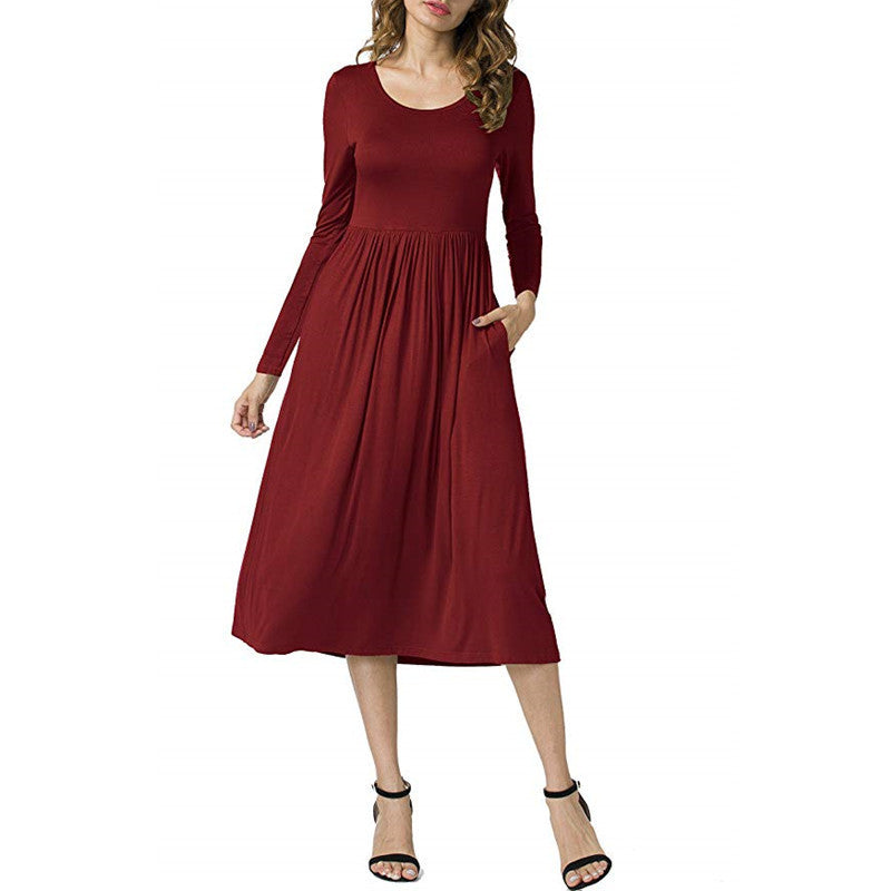 Women’s Long Sleeve A-Line Dress – Elegant Round Neck Solid Color Dress