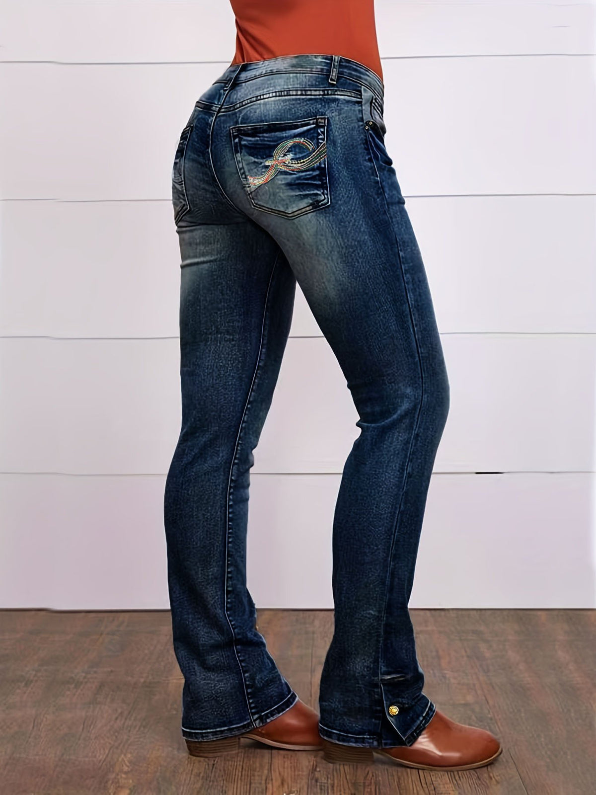 Women’s Embroidered Casual Jeans – Cotton Low-Waist Stretch Denim in Light Blue, Dark Blue & Black, XS–2XL