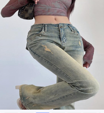 Women’s High-Waist Rivet Flared Jeans – Retro Blue Micro-Stretch Denim, XS–L