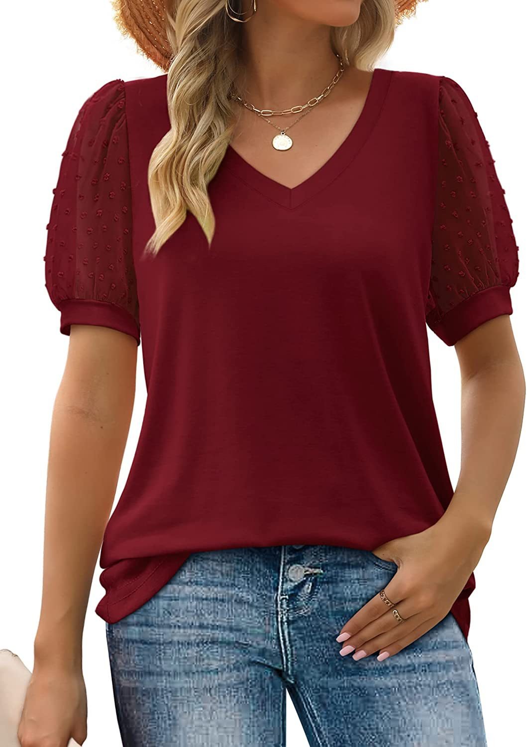 Women’s V-Neck Polka Dot Puff Sleeve Blouse – Elegant Summer Casual Top