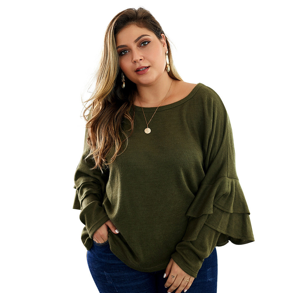 Women’s Plus Size V-Neck Knit Sweater – Lightweight Long Sleeve Lotus Leaf Pullover, Blue, Khaki & Green, XL–4XL