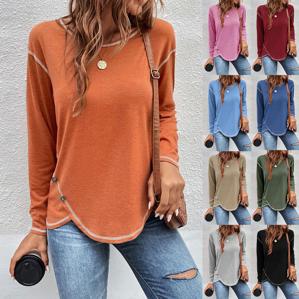 Irregular Edge Solid Button T-shirt for Women