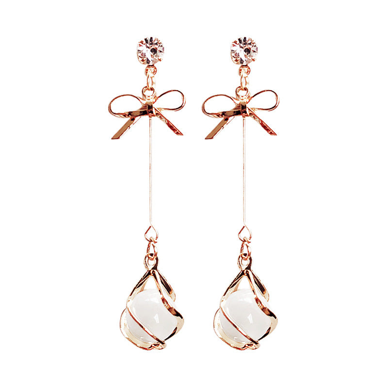 Korean Bowknot Cat’s Eye Tassel Earrings – Minimalist Long Drop Jewelry