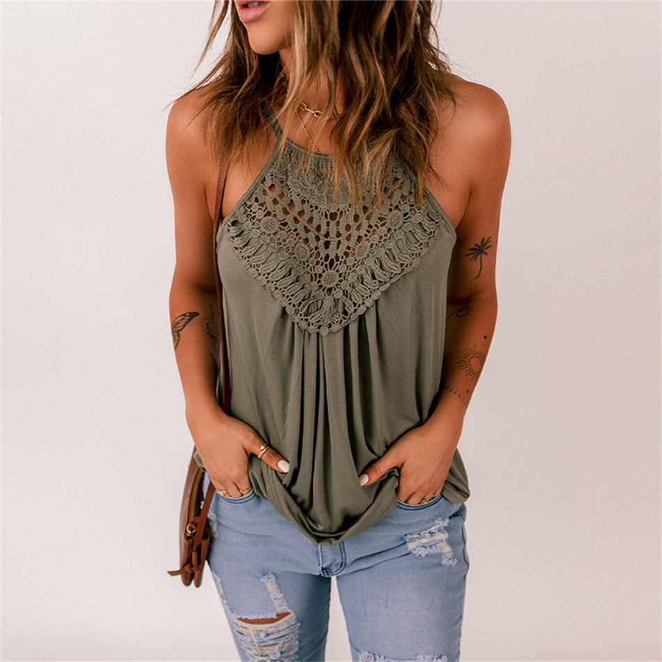 Women’s Lace Tank Top – Solid Color Sleeveless Casual Summer Top