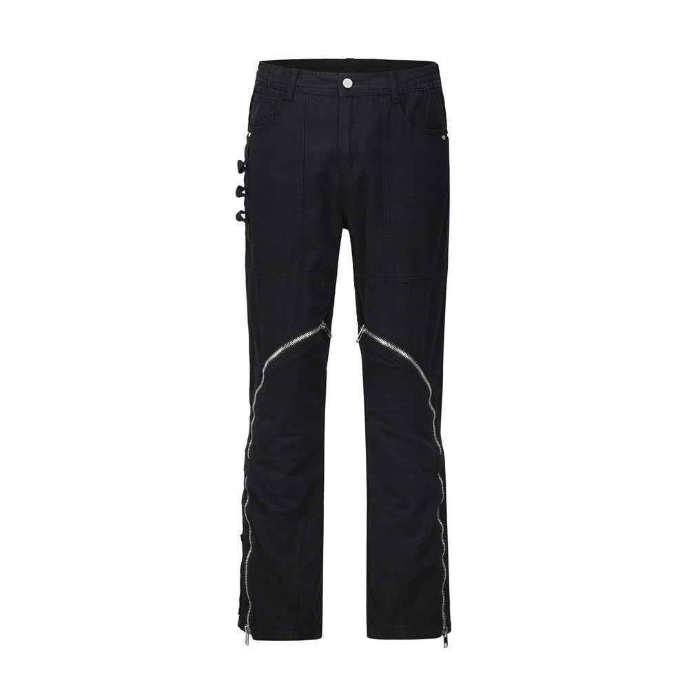 Black Patchwork Straight-Leg Jeans – Mid-Waist Denim with Zip Fly, Sizes 30–36