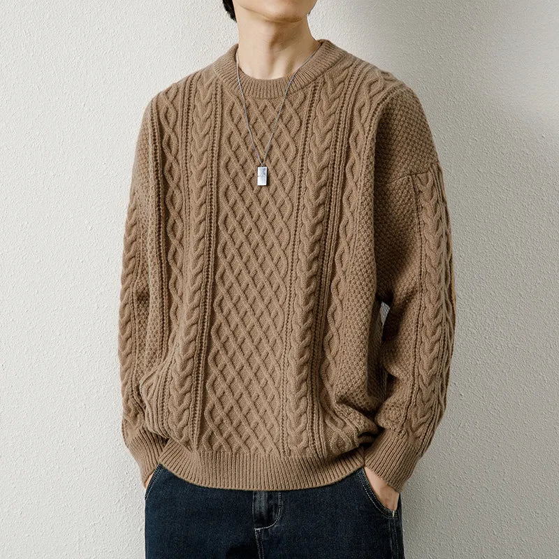 Men’s Twist-Weave Round-Neck Sweater – Textured Casual Knitwear – USA