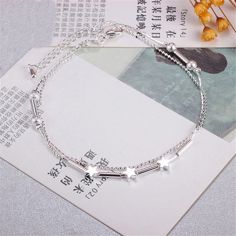 Silver Star Beads Double-Deck Anklet for Women