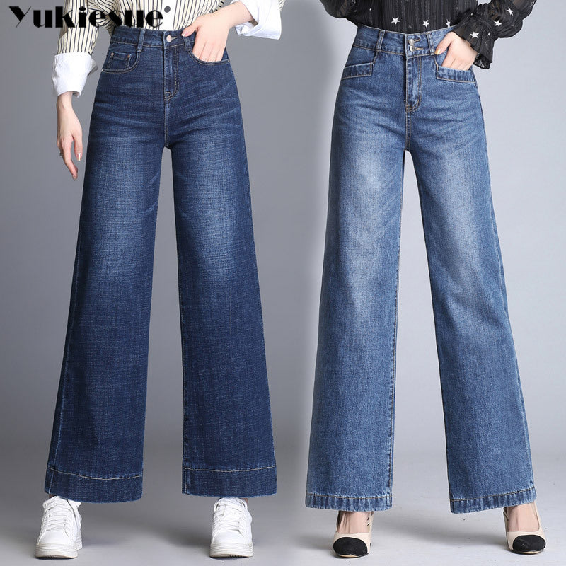 Women’s High-Waist Wide-Leg Ripped Jeans – Cotton Boyfriend Denim in Sky Blue & Blue, Sizes 26–33