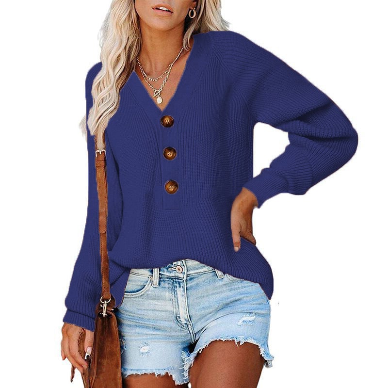 Women’s Button Knitted V-Neck Sweater – Cotton Loose-Fit Long Sleeve Pullover, 11 Colors, S–3XL