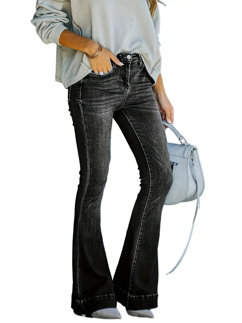 Women’s High-Waist Flared Denim Jeans – Cotton Bell-Bottom Pants with Slash Pockets, S–XXL