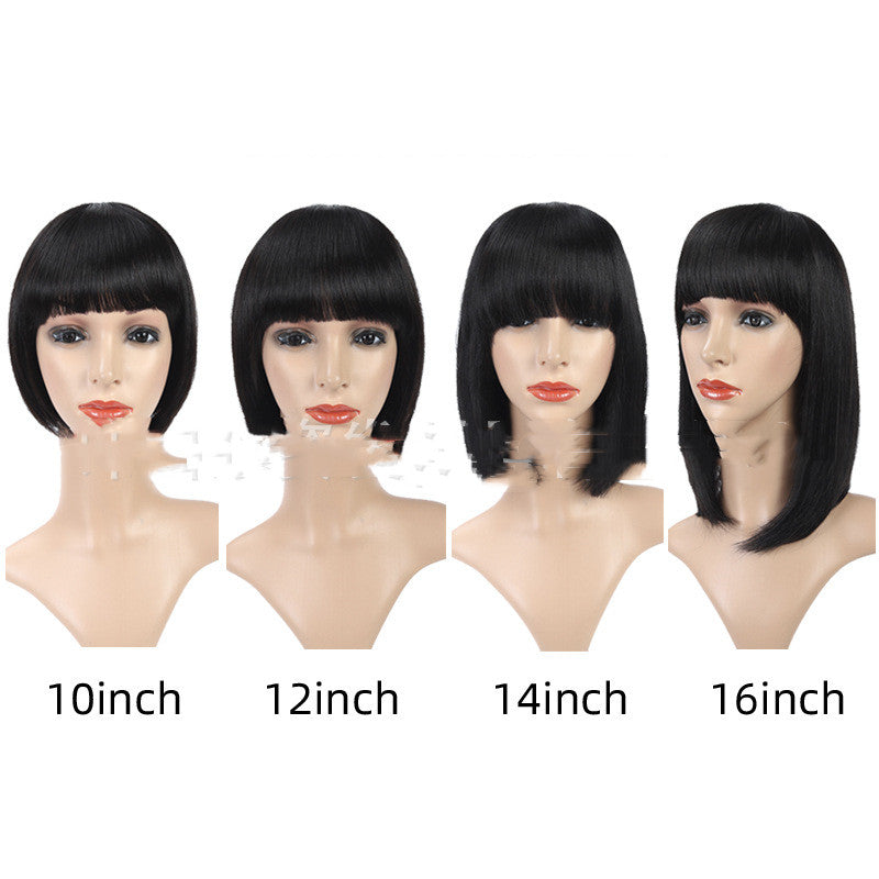 European & American Bob Wig with Bangs – Real Hair Straight Wig, 6–16 Inch