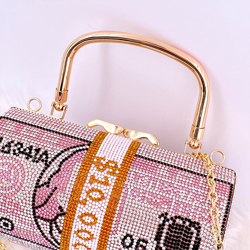 Luxury Crystal Dollar Design Evening Clutch Bag – Rhinestone Money Purse with Chain Strap for Weddings & Parties