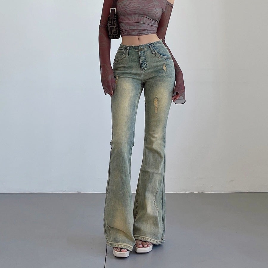Women’s High-Waist Flared Jeans with Rivets – American Retro Distressed Blue Denim, XS–L