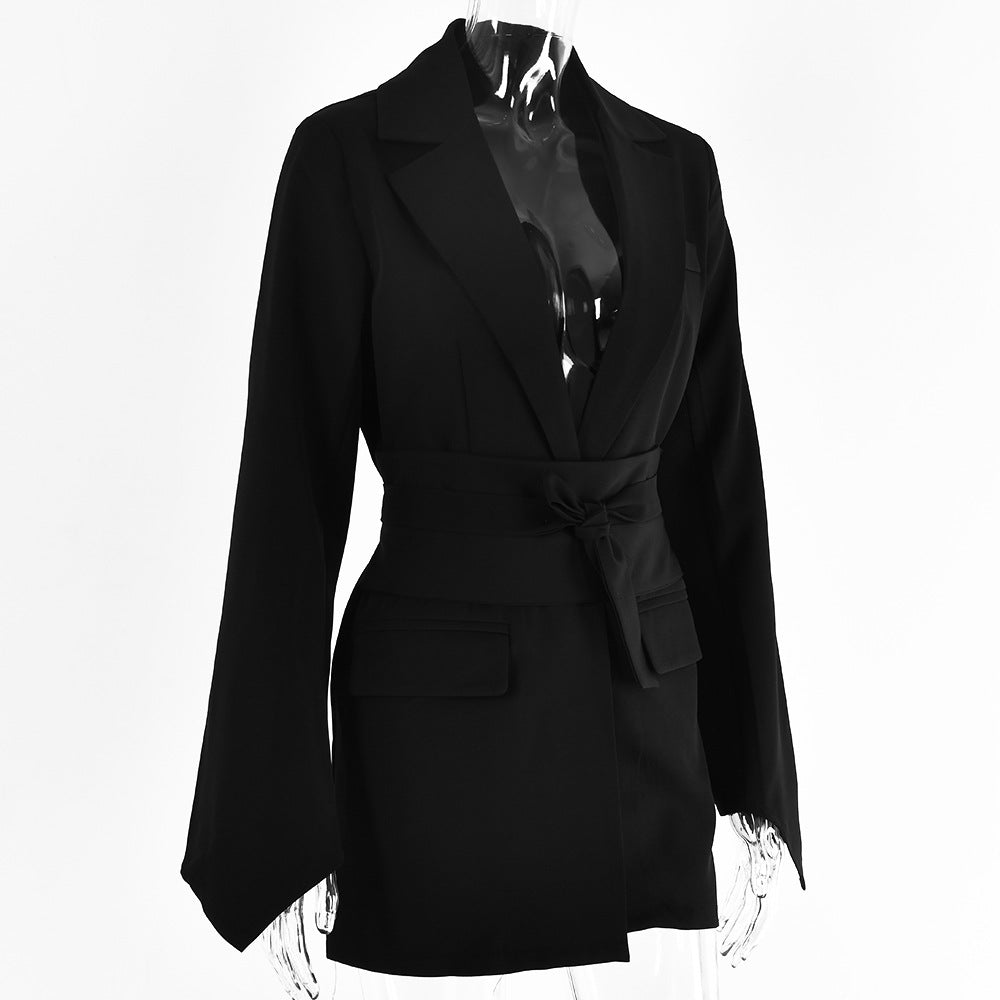 Women’s OL Fashion Work Coat – Lace-Up Professional Polyester Office Jacket, S–L