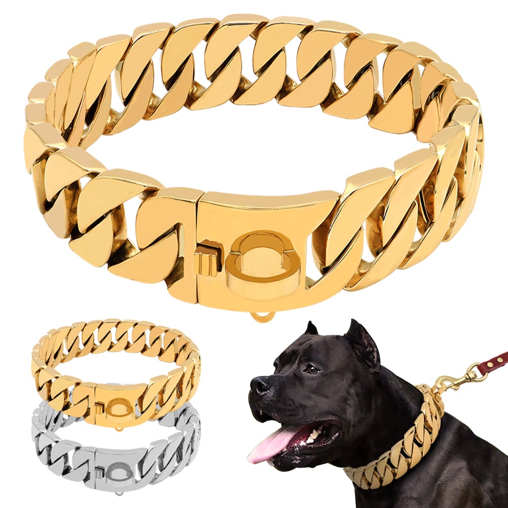Premium Stainless Steel Dog Chain Collar – Gold & Silver Heavy-Duty Pet Necklace