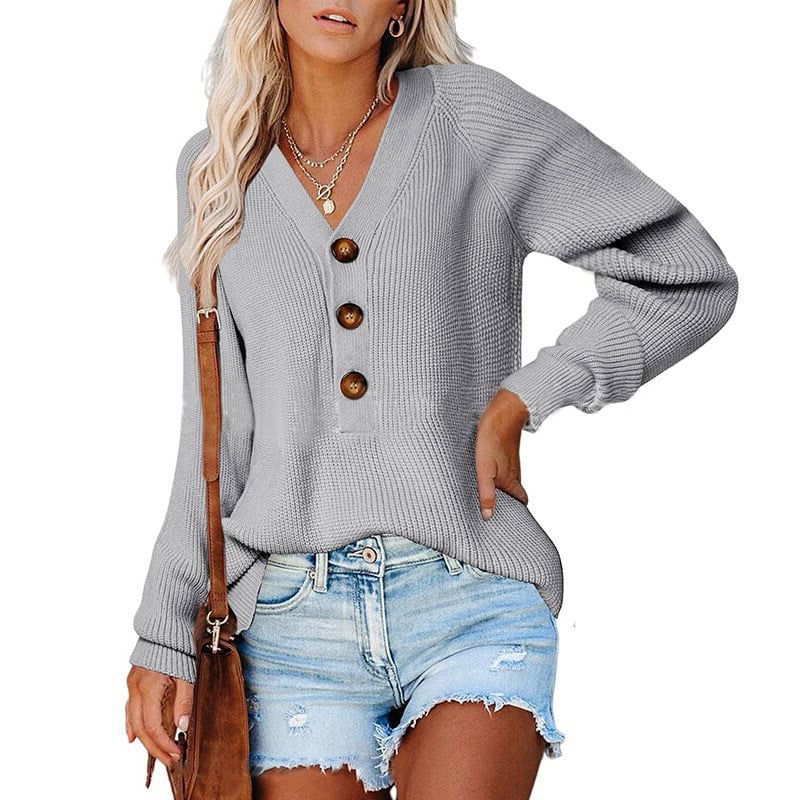 Women’s Button Knitted V-Neck Sweater – Cotton Loose-Fit Long Sleeve Pullover, 11 Colors, S–3XL