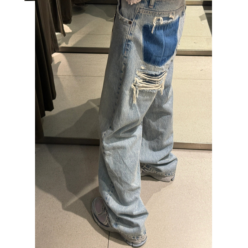 Women’s Straight-Leg Ripped Jeans – Cotton Blend Distressed Denim in Dark Gray, Light Blue & Faded Blue, XS–L