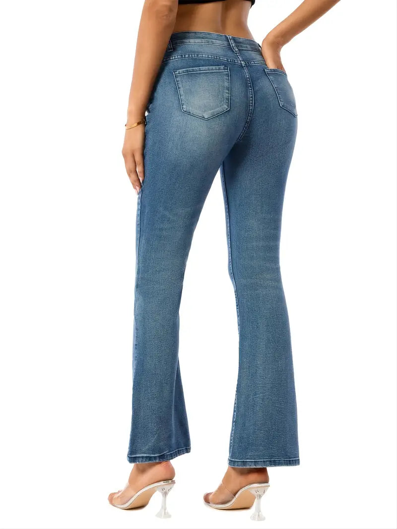 Women’s Blue High-Waist Flared Jeans – Micro-Elastic Slim-Fit Denim, S–XL